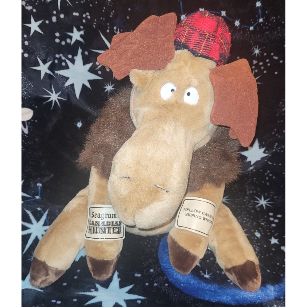Vintage Carousel Moose Plush 1983 Canadian‎ Hunter Seagrams Whiskey Tartan Hat